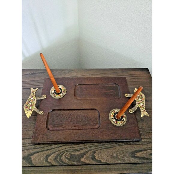 Vintage Israeli Bagel Lox Cheese 18" Tray w/ Brass Fish Handles, MCM Decor 1950s